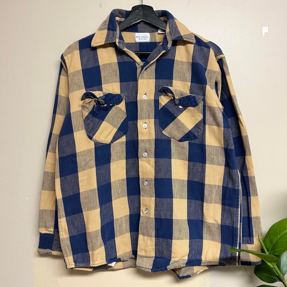 Vintage 90s Oshkosh B'Gosh Yellow Navy Distressed Plaid Flannel Shirt Mens M